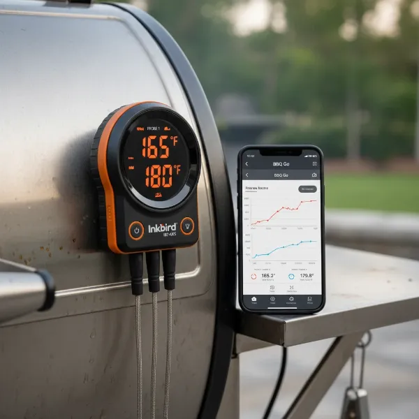 Inkbird IBT-4XS attached magnetically to a grill, displaying temperatures, with a smartphone showing the BBQ Go app.