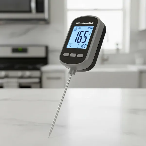 KitchenAid digital instant-read thermometer showing pivoting display and backlit LCD screen with thin probe.