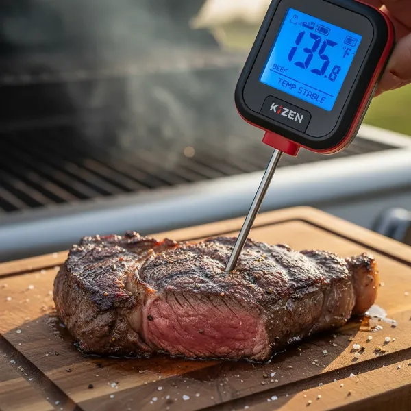 Kizen digital meat thermometer quickly displays temperature of a perfectly cooked steak.