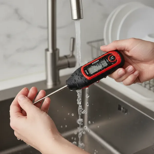 Hands rinsing a Kizen waterproof digital meat thermometer under running tap water.