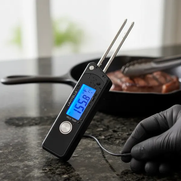 Lavatools Javelin PRO Duo meat thermometer displaying a temperature reading.