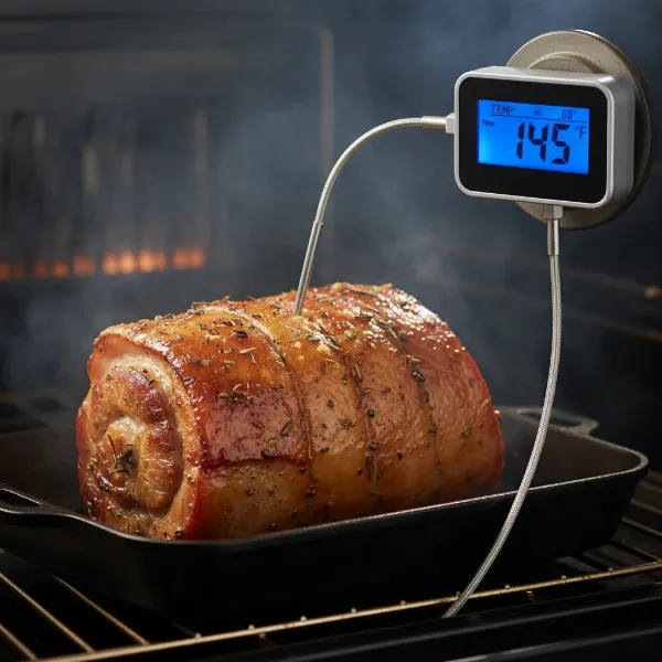 A leave-in meat thermometer probe inserted into a roasting pork loin, with the digital display unit showing temperature.