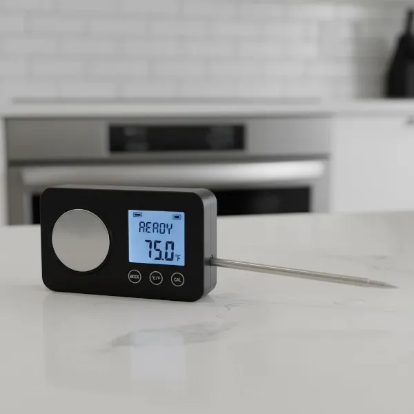 Lokeke digital meat thermometer with foldable probe and magnetic backing for easy storage.
