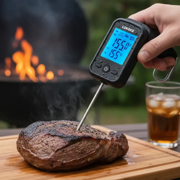 Lokeke meat thermometer showing backlit display, waterproof design, and bottle opener feature.