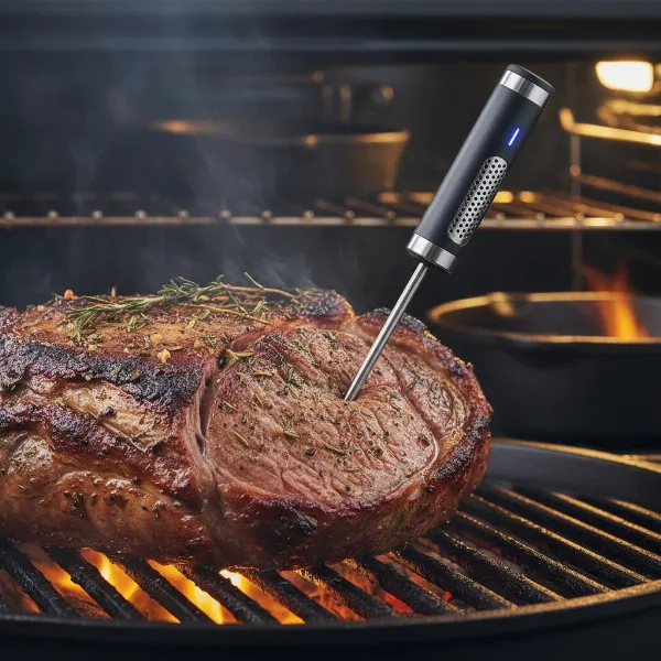 Mastrad Meat It+ wireless cooking probe with dual sensors inserted into a large cut of meat.