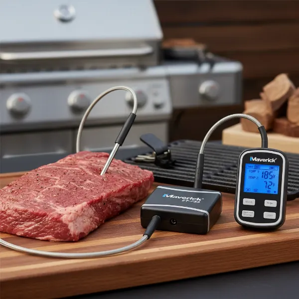 Maverick ET-733 wireless thermometer showing transmitter, receiver, and dual probes with display