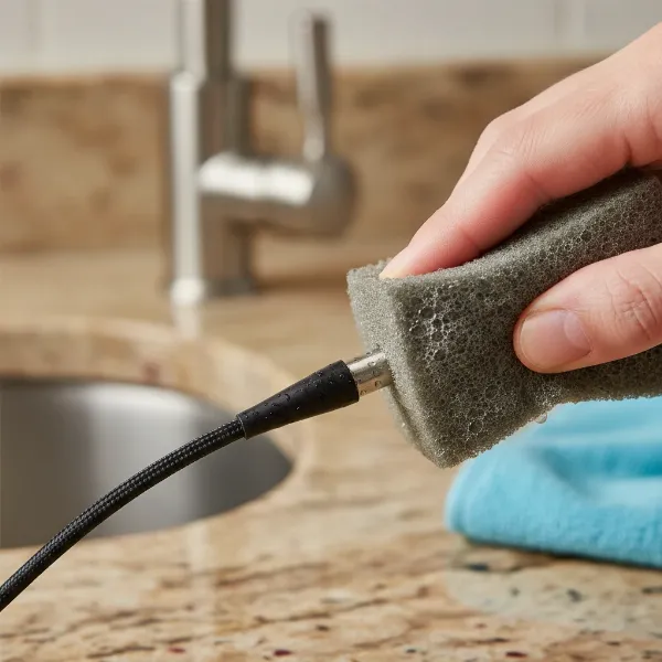 Close-up of a Maverick thermometer probe being carefully cleaned with a sponge, avoiding water ingress