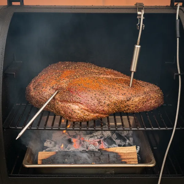 Two thermometer probes inserted in a smoker, one in meat and one for ambient temperature.