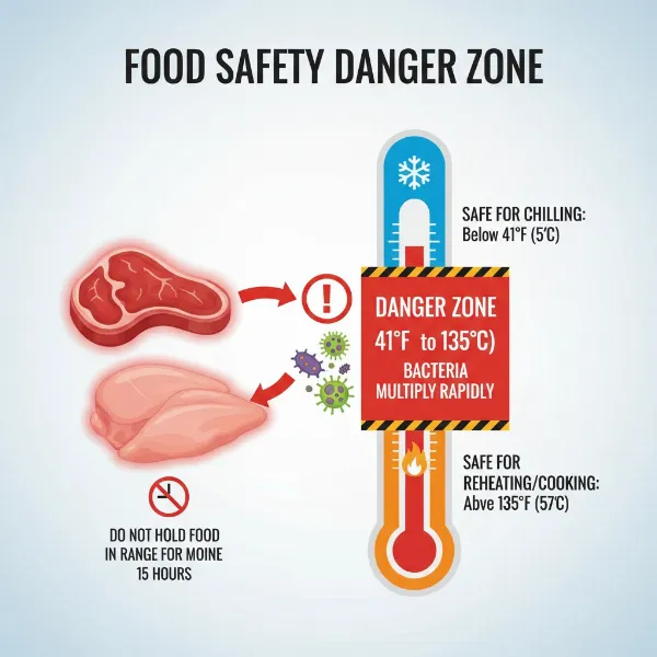 Infographic illustrating the "Danger Zone" for food safety with raw meat and chicken