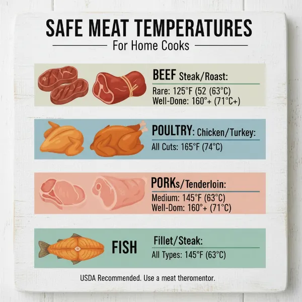 A visual guide to safe internal temperatures for various types of meat like beef, chicken, and pork.