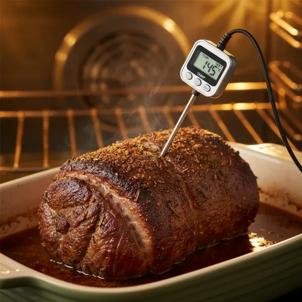 Digital cooking probe correctly inserted into a large cut of roasted meat.