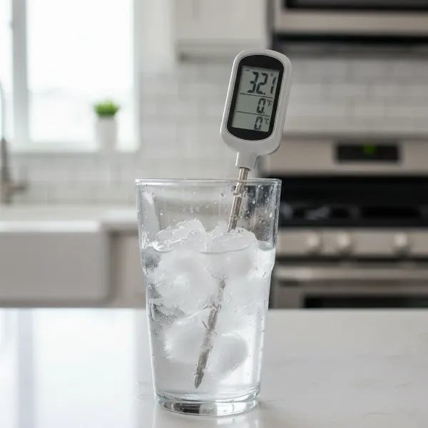 A digital meat thermometer probe submerged in a glass of ice water for calibration.