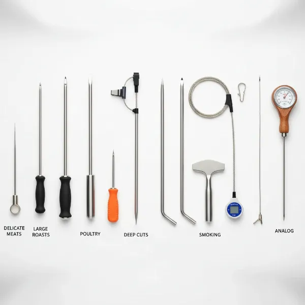 Assortment of meat thermometer probes with various designs, lengths, and tip types.