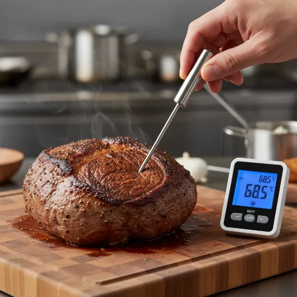 Hand inserting thermometer probe into a cut of meat to check internal temperature.