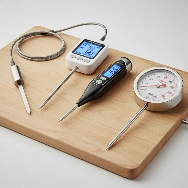Various types of meat thermometers including digital instant-read, probe, and analog models.