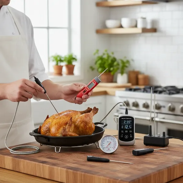 Various meat thermometers, handheld and leave-in, illustrating their use for precise cooking.