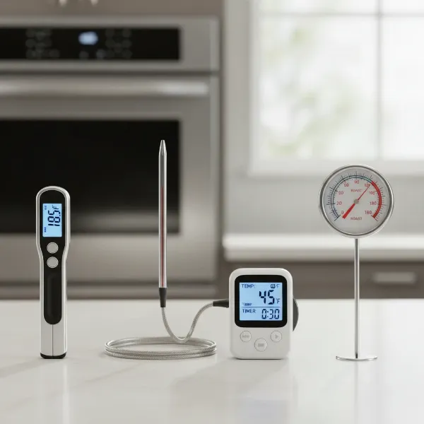 Different types of meat thermometers including instant-read digital, leave-in probe, and analog for various cooking needs.