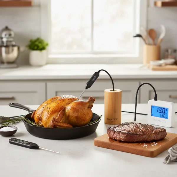 An array of instant-read, wireless, and wired meat thermometers displayed with cooked meat.