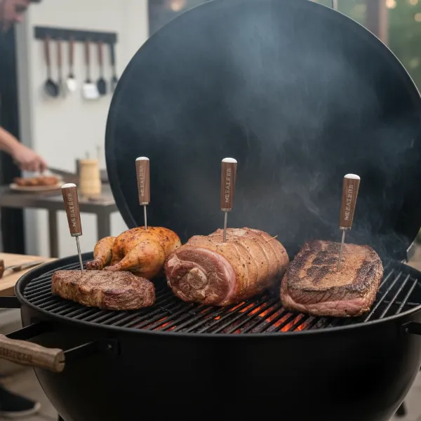 Wireless MEATER Block probes inserted into different cuts of meat cooking on a grill or smoker.