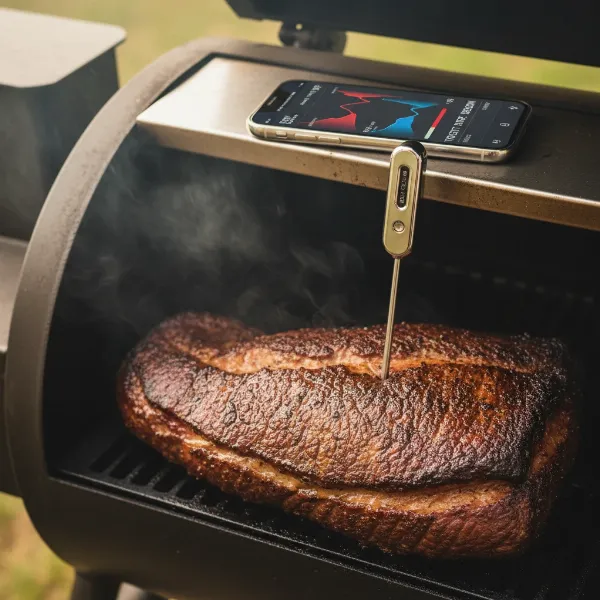 Meater wireless thermometer probe in meat on a BBQ grill.