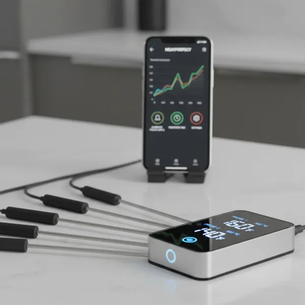 a sleek smart digital meat thermometer with multiple probes and an app interface