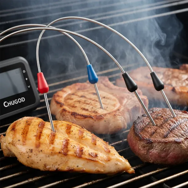 Multiple Chugod meat thermometer probes inserted into various cuts of meat on a smoking grill