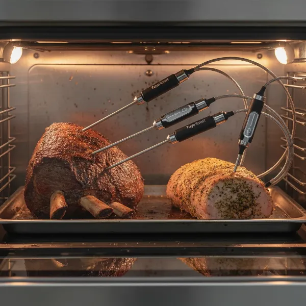 Multiple stainless steel probes of a smart meat thermometer inserted into various cooking meats.