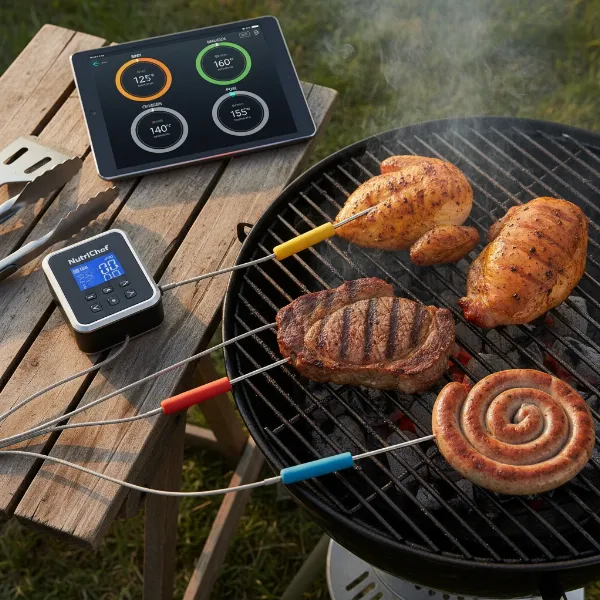 NutriChef Smart Bluetooth BBQ Grill Thermometer with probes in meat on a grill.