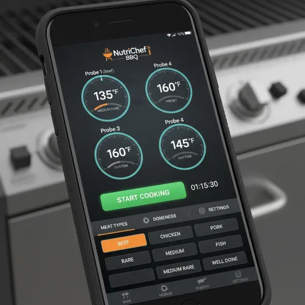 Smartphone displaying NutriChef BBQ app with temperature readings and cooking settings.