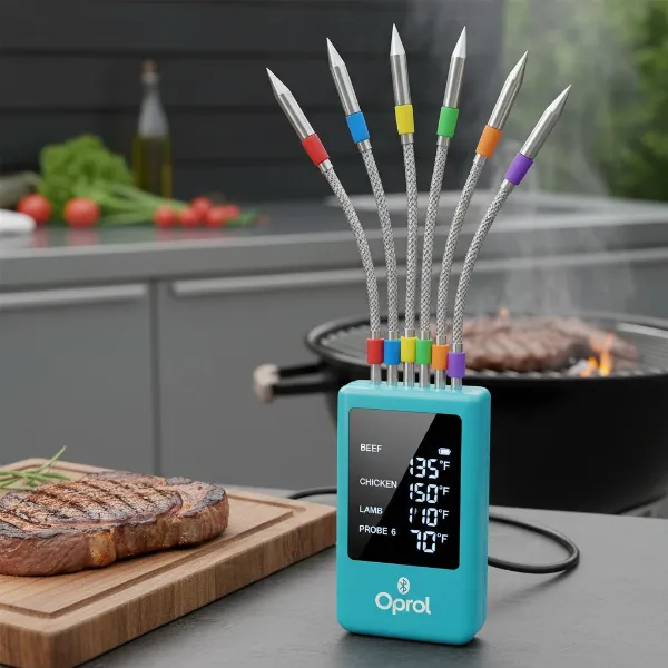 Oprol Bluetooth meat thermometer with six color-coded probes and digital display.