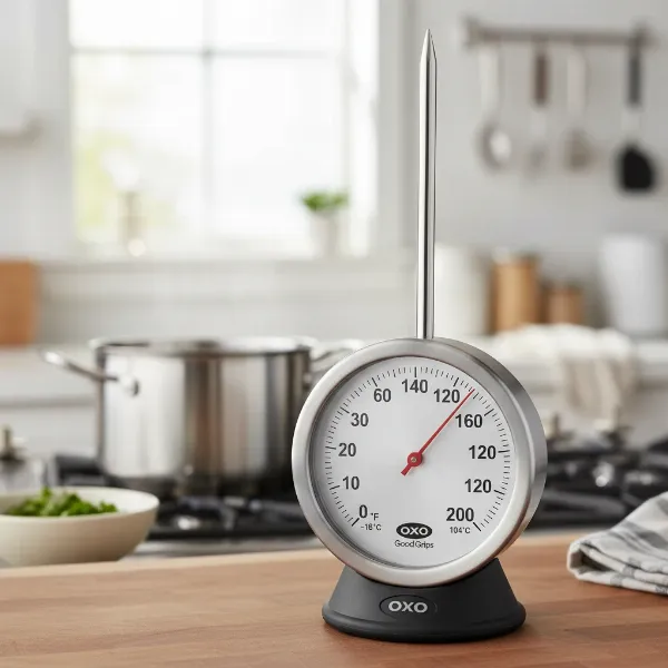 close-up of oxo good grips chef's precision analog thermometer dial and stainless steel probe