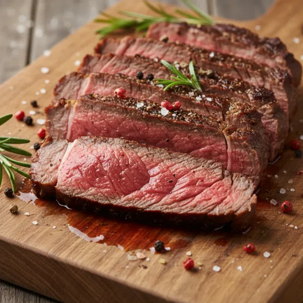 Slices of a perfectly cooked medium-rare steak showing a warm pink center and juicy texture.