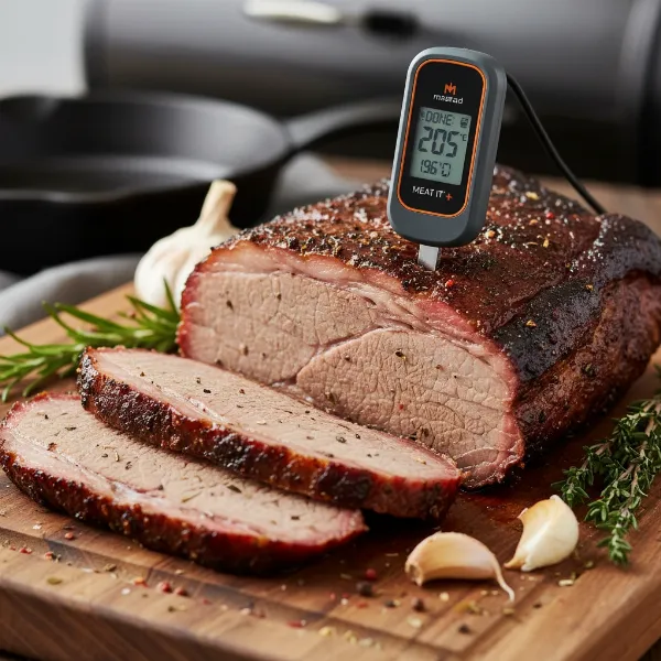 Perfectly cooked, juicy brisket resting, with a Mastrad Meat It+ probe still inserted.