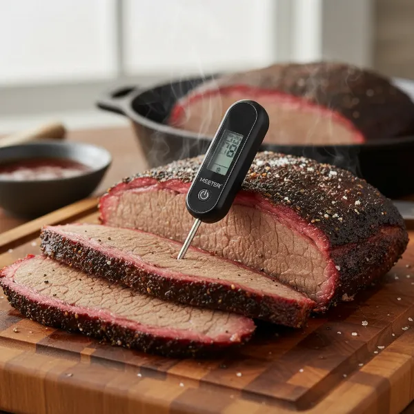 succulent slow-smoked brisket with a visible smoke ring and meater plus probe