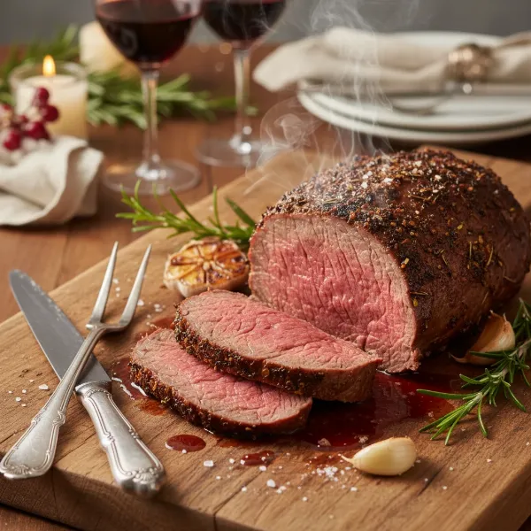 A perfectly rested, sliced, and juicy holiday roast on a cutting board, ready for serving.