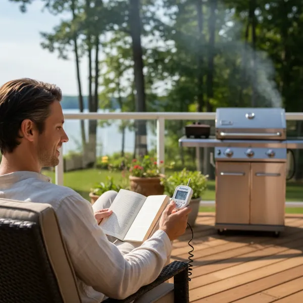 Person relaxing in a backyard, holding an AcuRite pager, monitoring food cooking wirelessly.