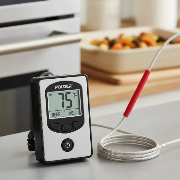 Close-up of Polder digital in-oven thermometer displaying temperature with probe.