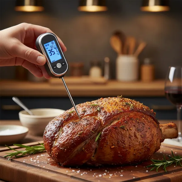 Close-up of a digital meat thermometer accurately inserted into a roast, avoiding bone.