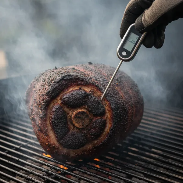 Hand inserting a digital instant-read thermometer into a thick cut of meat on a charcoal grill, showing correct probe placement.