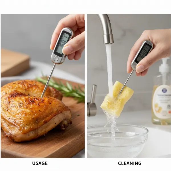 Hands demonstrating correct insertion of a meat thermometer into poultry and cleaning the probe.