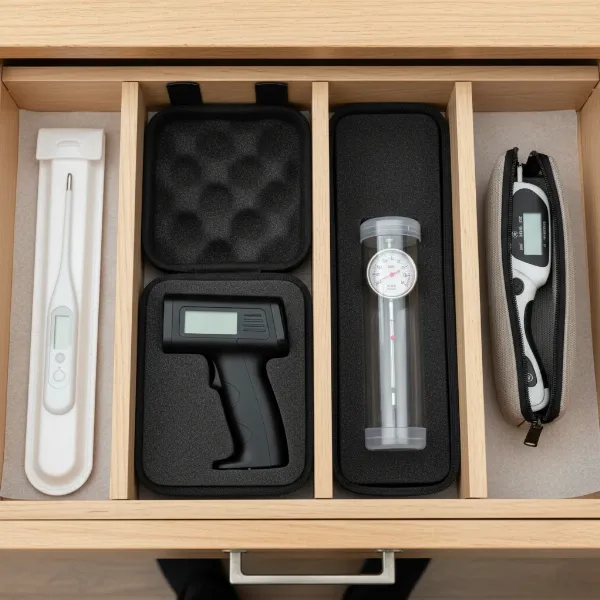 Organized drawer showing various thermometers in their cases, demonstrating best practices for clean and protective storage.