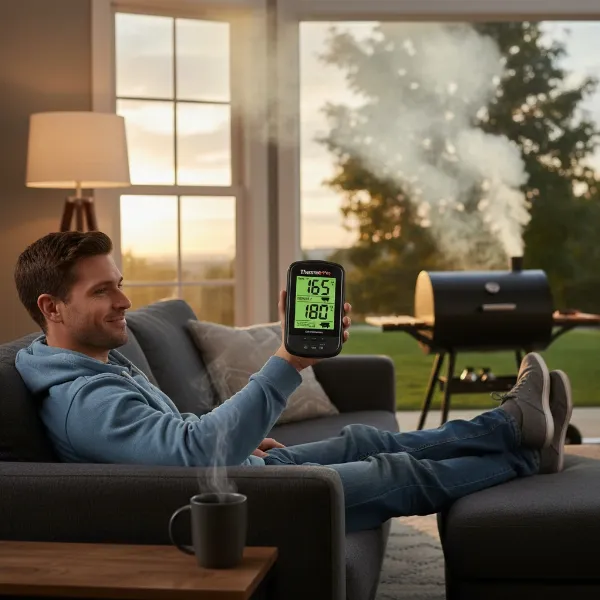 Man relaxing indoors, monitoring his smoker's meat temperature wirelessly, enjoying peace of mind.