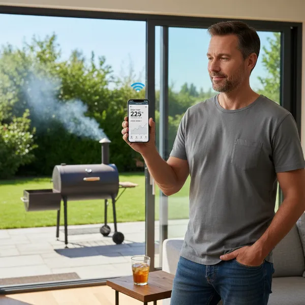 Man monitoring a barbecue smoker remotely using a smartphone app connected to a WiFi thermometer.