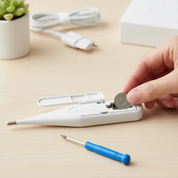 Hands carefully inserting a new button cell battery into a digital thermometer compartment with small screwdriver.