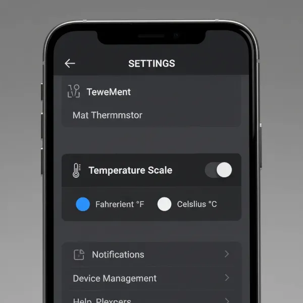 A smartphone screen displaying a smart meat thermometer app's settings menu with an option to switch between Celsius and Fahrenheit.