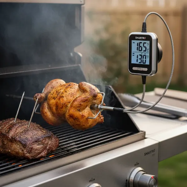 SMARTRO ST59 thermometer monitoring a roast in an oven, probe inserted, main unit magnetic on side.
