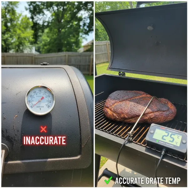 Smoker with inaccurate lid thermometer and accurate grate-level probe for temperature