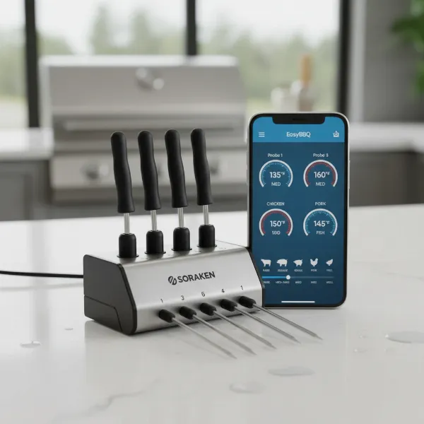 Soraken wireless meat thermometer with four probes and a smartphone displaying the EasyBBQ app.