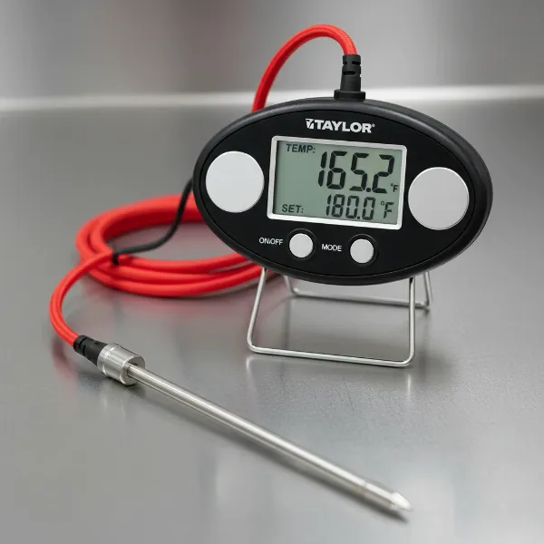 Taylor digital cooking probe thermometer display unit, stainless steel probe, and silicone cord.