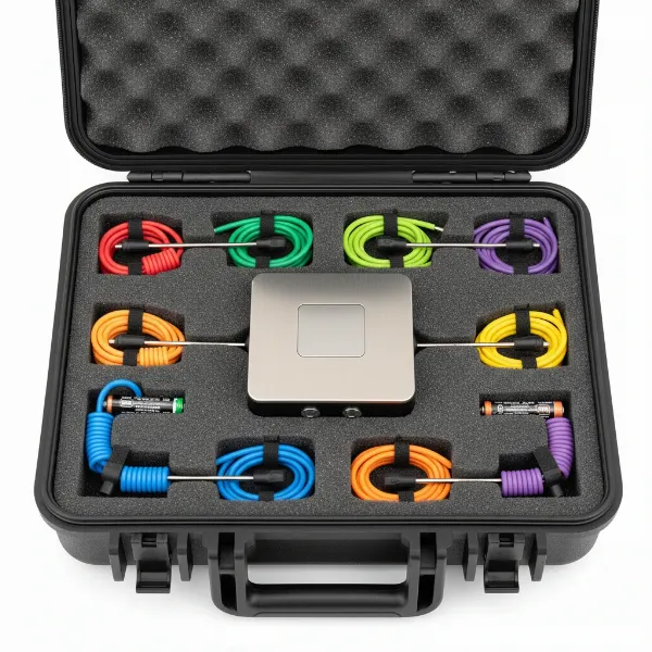 Tenergy Solis thermometer base, six probes, and carrying case components organized